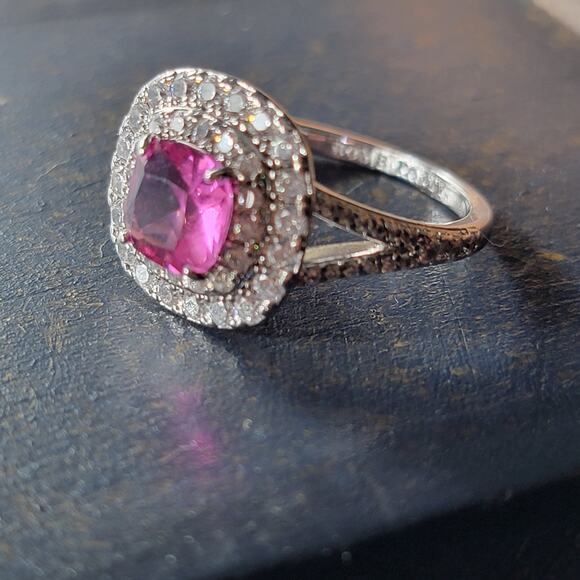 Glamorous Rhodium-Plated Size 9 Ring with Pink Gemstone and Pave Accents - Picture 5 of 16